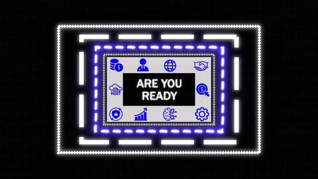 A Are You Ready concept button on a futuristic , network icon ,Blue holographic advanced HUD rectangle platform glowing dots digital luxurious wave particles flows background.