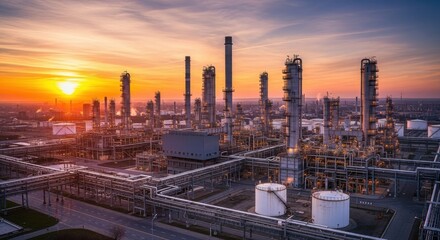 Fototapeta premium Vast Industrial Oil Refinery Complex at Sunset with Dramatic Sky and Industrial Structures