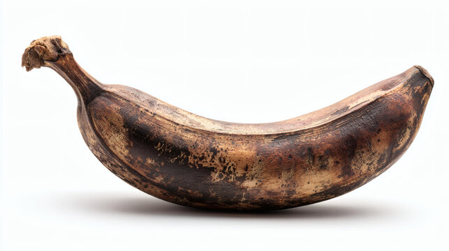A single, overripe banana isolated against a clean, white backdrop, showcasing its aged texture.