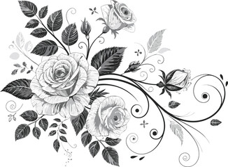 Elegant Black and White Floral Line Art with Roses and Leaves in Vintage Style