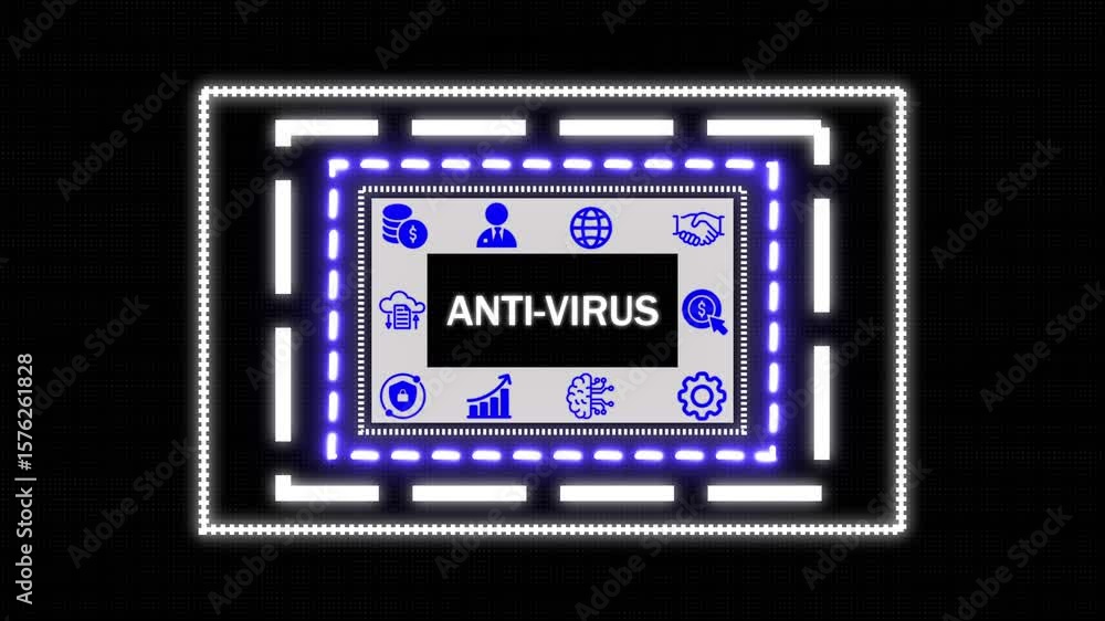 Poster a anti-virus business concept on a futuristic ,blue wave digital data flow. seamless loop technology