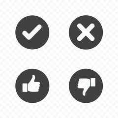 Four circular icons featuring a checkmark a cross a thumbs up and a thumbs down in a simple silhouette style