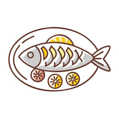 Fototapeta premium Fish dish garnished with lemon slices on a white plate 