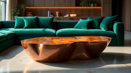 Organic sculptural coffee table with rich brown finish on light floor in stylish living room with green sofa