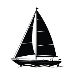 Black silhouette of a sailboat with full sails on water isolated on white background silhouette