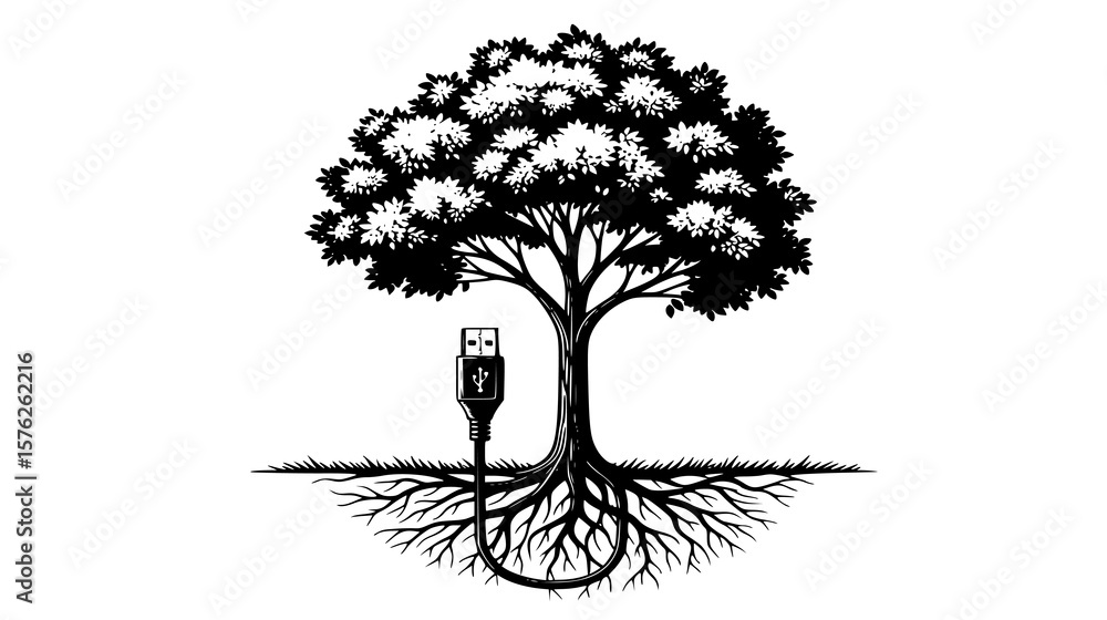 Aufkleber a stark illustration shows a tree with a usb connector emerging from its roots and trunk, symbolizin