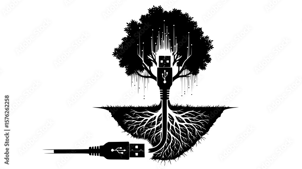 Aufkleber a conceptual illustration features a tree with a usb port in its trunk and a detached usb cable near