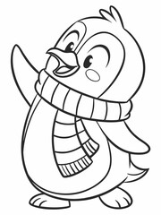 Obraz premium A chubby little penguin wearing a striped scarf, waving hello. Outlined in clean black-and-white line art, with a cute and simple style for preschool coloring books