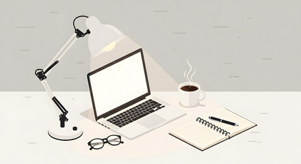 A clean, minimalist flat design vector illustration of a modern home office workspace with a laptop, lamp, coffee, and notebook, symbolizing remote work or study.