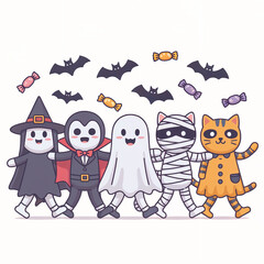 Cute halloween characters walking together with bats and candy