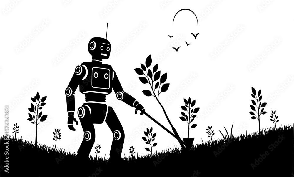 Aufkleber a robot tends to plants in a field, representing the integration of artificial intelligence in moder