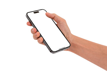 Hand showing smartphone with blank screen isolated on transparent PNG.
