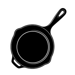 A black and white illustration of a cast iron skillet on a white background