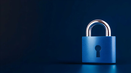 Digital padlock for computing system on dark blue background, cyber security technology for fraud prevention