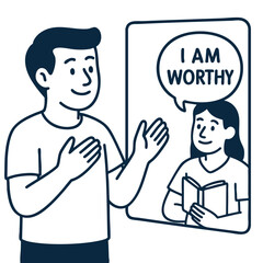 Person practicing self affirmation in front of mirror, promoting self worth and positivity
