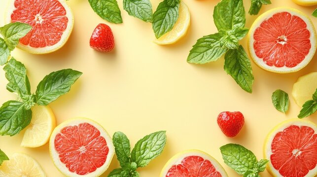 Colorful citrus fruits and mint leaves arranged on a pastel background.