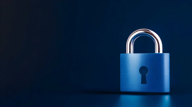 Digital padlock for computing system on dark blue background, cyber security technology for fraud prevention