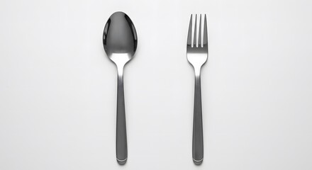 High-angle view of a spoon and fork on a white surface.