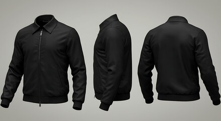 Black bomber jacket shown from front, side, and back views