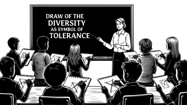 Students in classroom drawing for diversity and tolerance with a teacher using a blackboard for the school lesson.