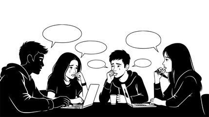 Diverse students collaborate on laptops with thought bubbles in a black and white illustration showing teamwork and communication.