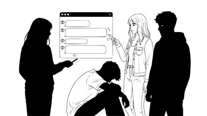 A group of young adults discusses information displayed on a digital screen, pointing and interacting