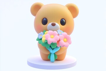 Naklejka premium 3D cartoon teddy bear bouquet with caramel fur and pink ribbon, ultra high definition isometric vector on white background
