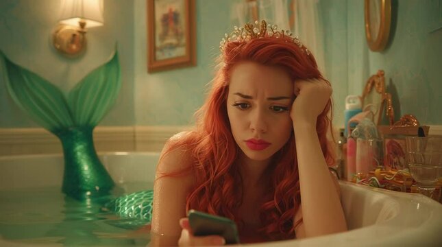 Melancholic mermaid in bathtub using smartphone, regretful red-haired woman with green tail trapped in tub in modest apartment, longing for ocean freedom, symbol of isolation, boredom, and lost dreams