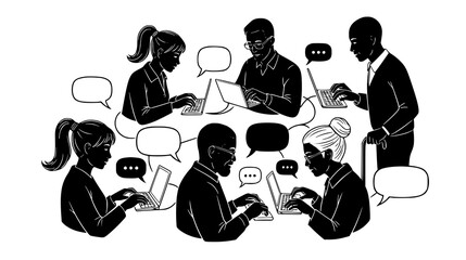 A diverse group of people are silhouetted around a table, working on laptops and communicating with speech bubbles