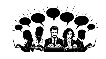 A diverse group of professionals engage in lively discussion and collaboration, with speech bubbles indicating communication