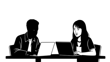 Two colleagues, one silhouetted and one facing forward, work together on laptops in a collaborative business setting