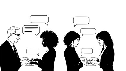 A diverse group of professionals engage in a dynamic conversation, with speech bubbles illustrating their exchange of ideas