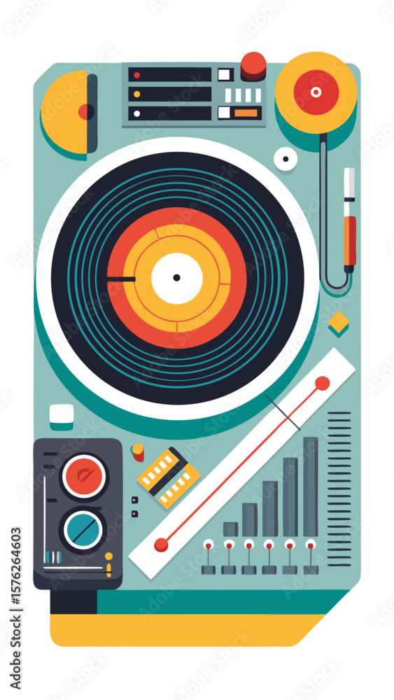 Poster a colorful record player with a record on it. the record player has a red and white design