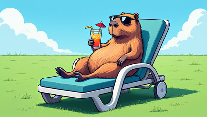 A capybara lies on a lounge chair relaxing peacefully while enjoying a colorful cocktail under the warm sun..