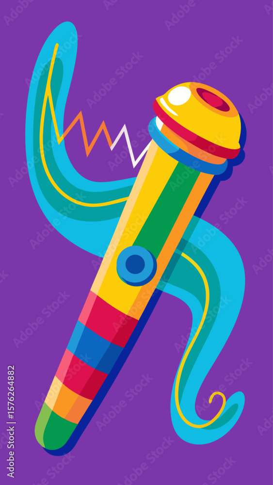 Poster a colorful cartoonish object with a red and yellow base and a yellow and purple top. the object is a