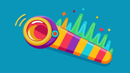 Fototapeta premium A colorful cartoonish object with a red and yellow base and a yellow and purple top. The object is a microphone