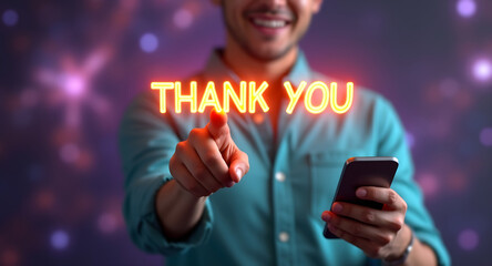 Person expressing gratitude with bold thank you lettering and vibrant background featuring purple and pink bokeh