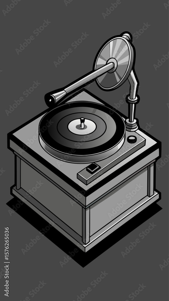 Poster a record player with a record on it. the record player is black and white
