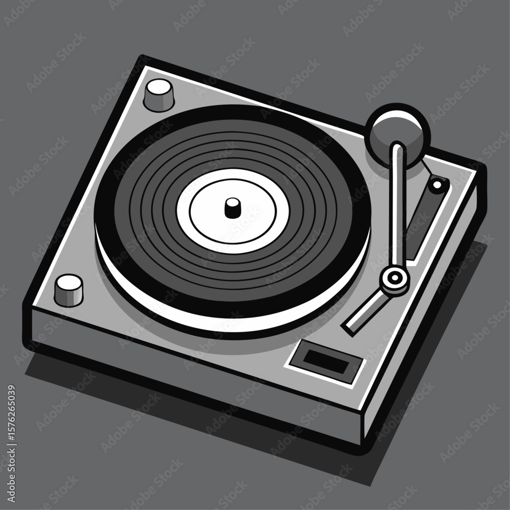 Poster a record player with a record on it. the record player is black and white