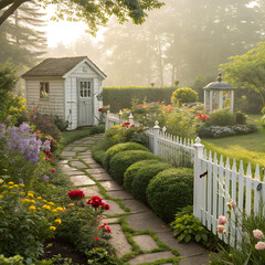 In a picture a house that are in a beautiful garden and a beautiful place with a rose flowers and a path that go to the house