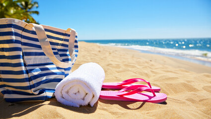 Beach towel, pink flip-flops, palm leaf, and beach bag arranged neatly on warm sandy beach under summer sunlight..