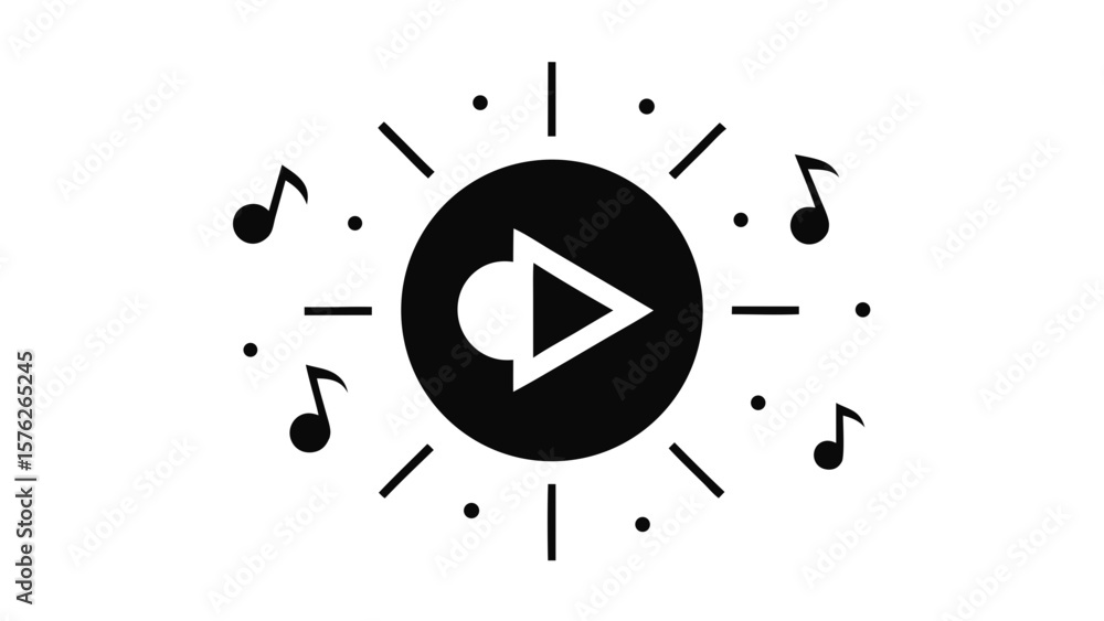 Poster a black and white image of a sun with a play button in the middle. the sun is surrounded by musical 