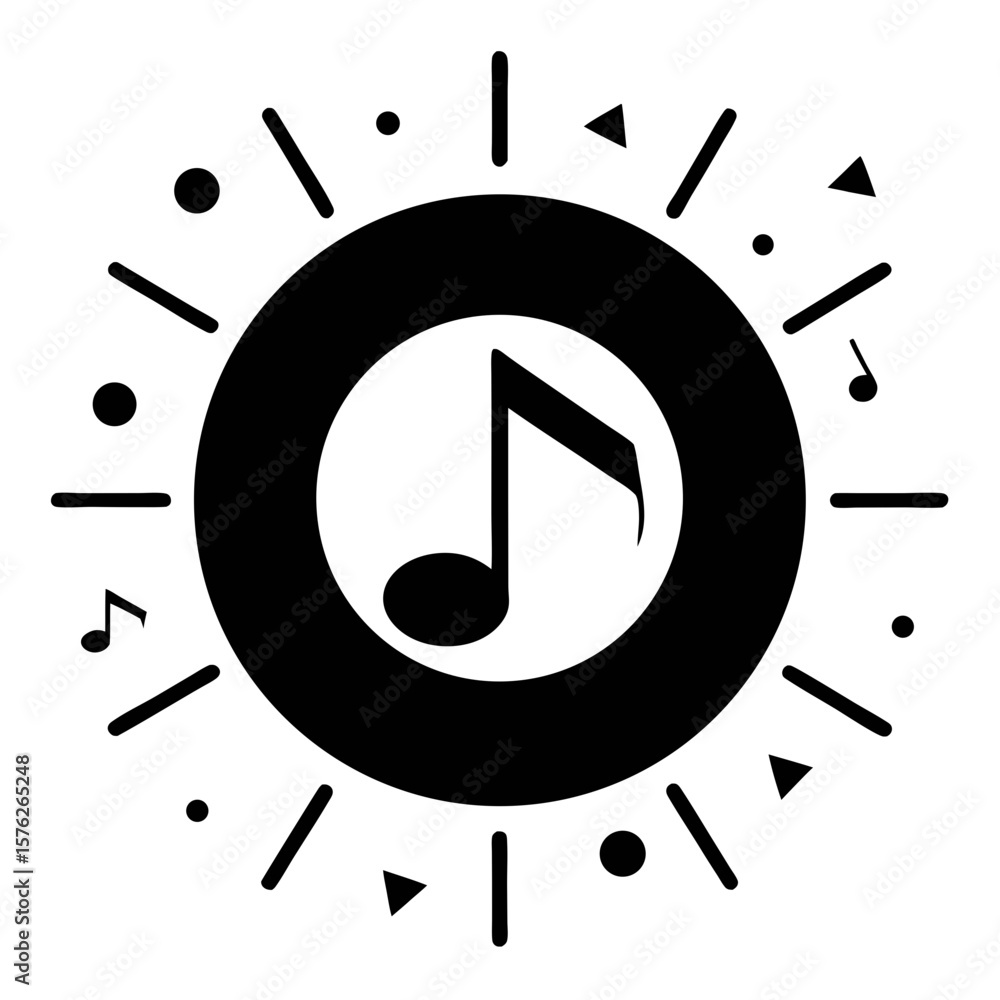 Poster a black and white image of a sun with a play button in the middle. the sun is surrounded by musical 
