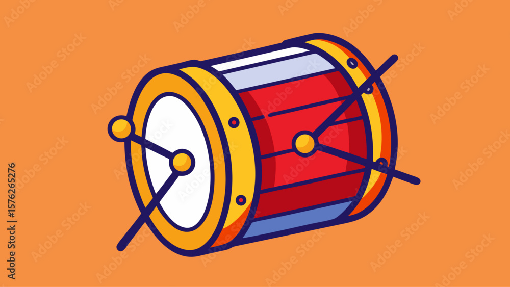Poster a drum is shown with a red and white color scheme. the drum is surrounded by a yellow background