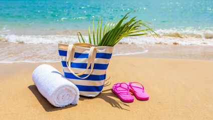 Beach towel, pink flip-flops, palm leaf, and beach bag arranged neatly on warm sandy beach under summer sunlight..