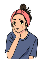 頬に手を当てて困り顔の女性, すっぴん, しみ, ニキビ