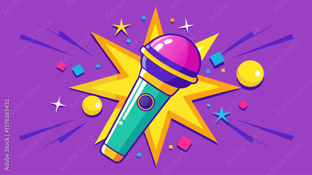 Poster a microphone with a colorful background and lots of sparkles. the microphone is the main focus of th