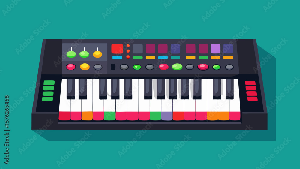 Poster a colorful keyboard with a green background. the keyboard has a lot of buttons and is very colorful