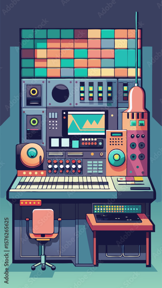 Poster a computer studio with a keyboard, a laptop, and a mouse. the studio is designed to be a creative sp
