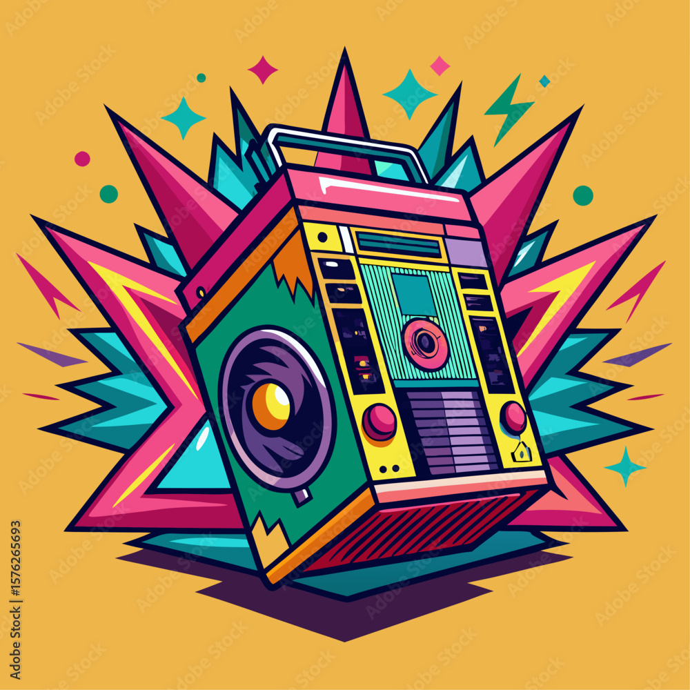 Poster a colorful box with a radio inside. the box is in the middle of a colorful explosion. the explosion 